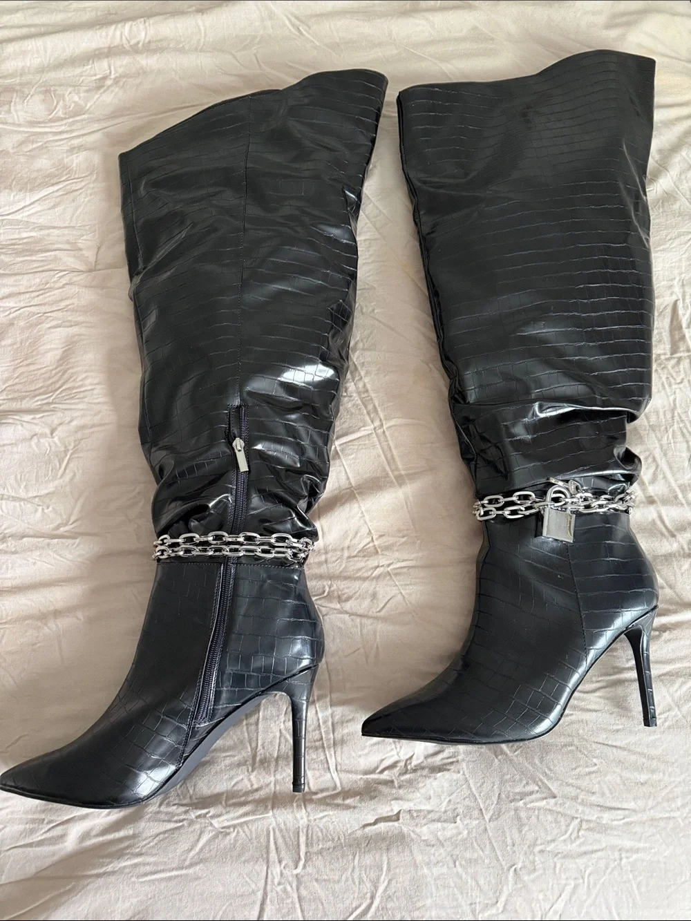 Black Chain-Trim Tall Thigh High Stiletto Boots